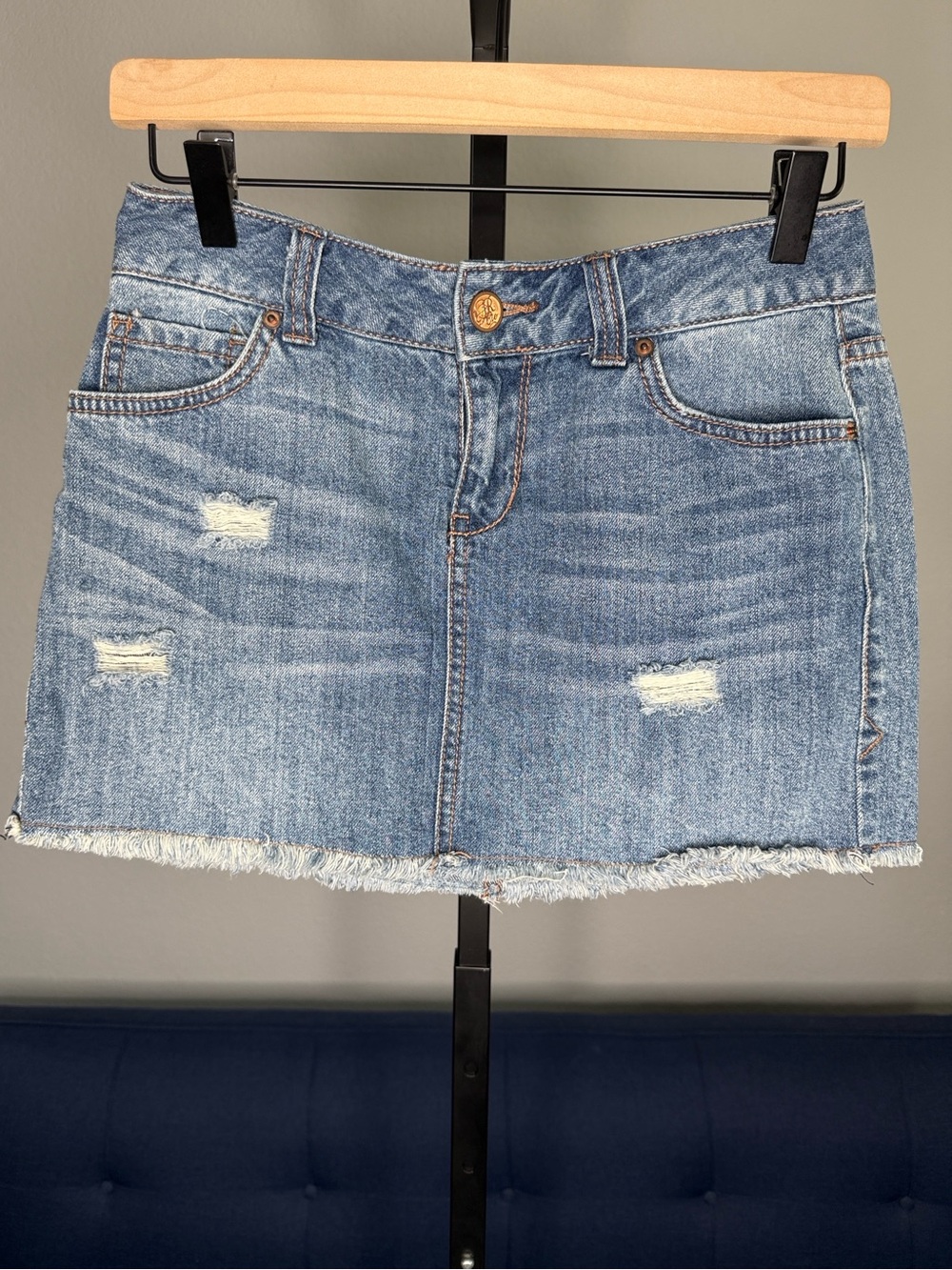 American Rag Y2K Distressed Denim Fringe Hem Mini Tube Skirt size 3